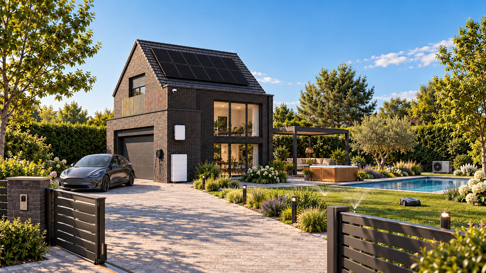 Vue illustrative d’une maison et de son jardin. Les équipements visibles sont identifiés dans la légende.